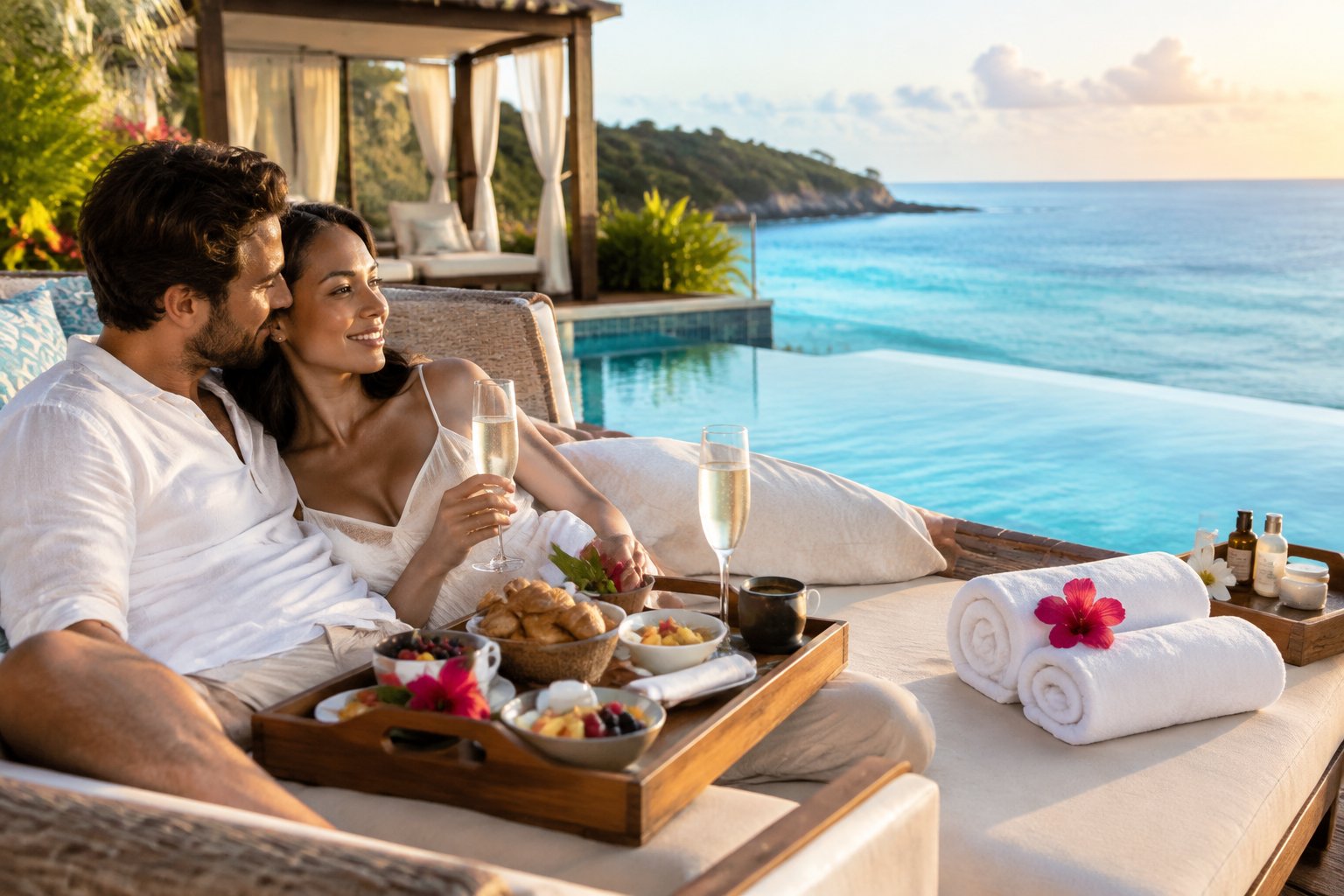 A newlywed couple relaxes on a beach-resort terrace with breakfast and flowers.