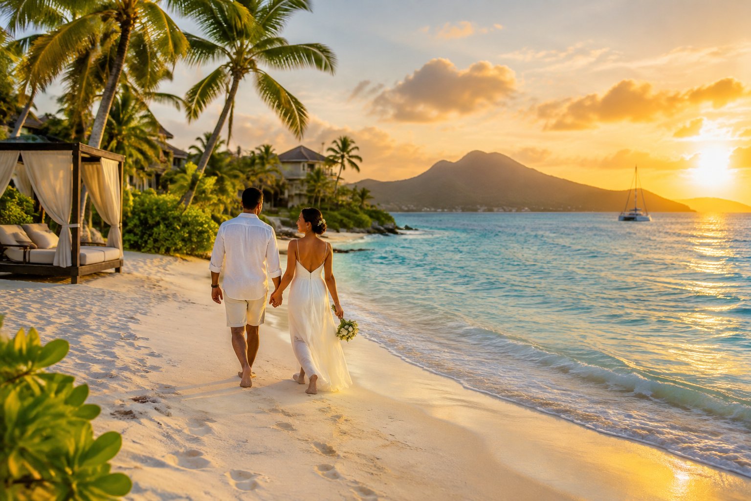 A couple walks along a tropical Caribbean beach beside a resort.