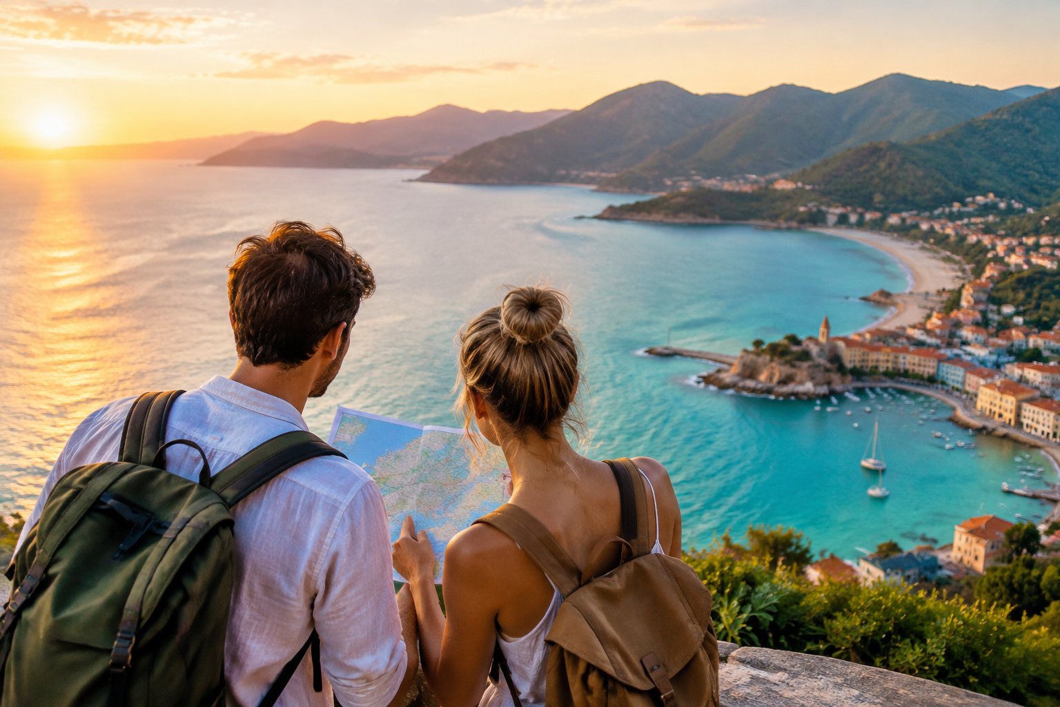 A newlywed couple looks at a map together from a scenic overlook.