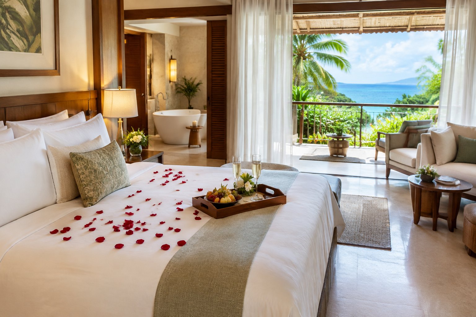 A honeymoon resort suite with a flower-decorated bed, sparkling drinks, and an ocean-view balcony.
