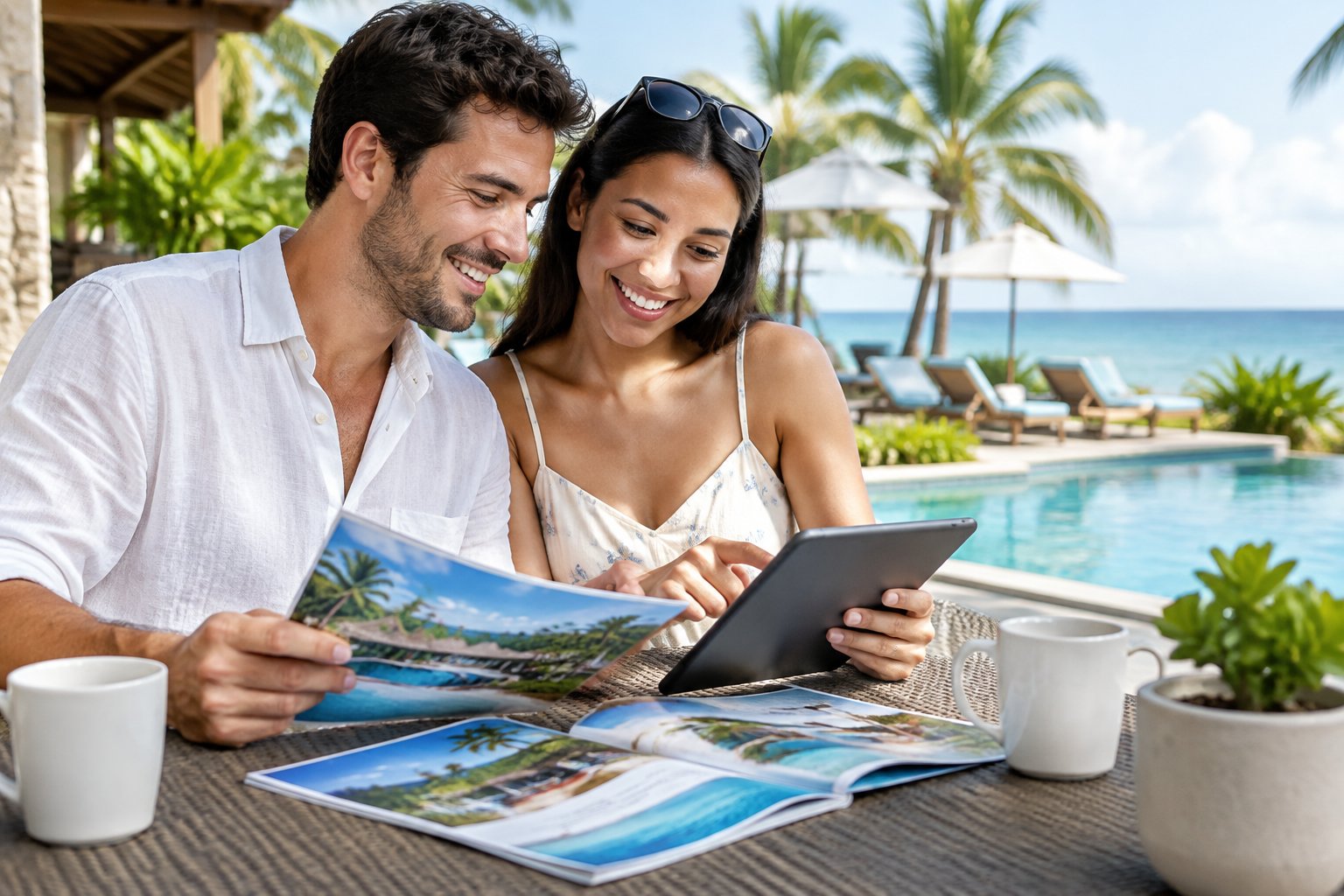 A newlywed couple compares travel brochures at a resort patio.