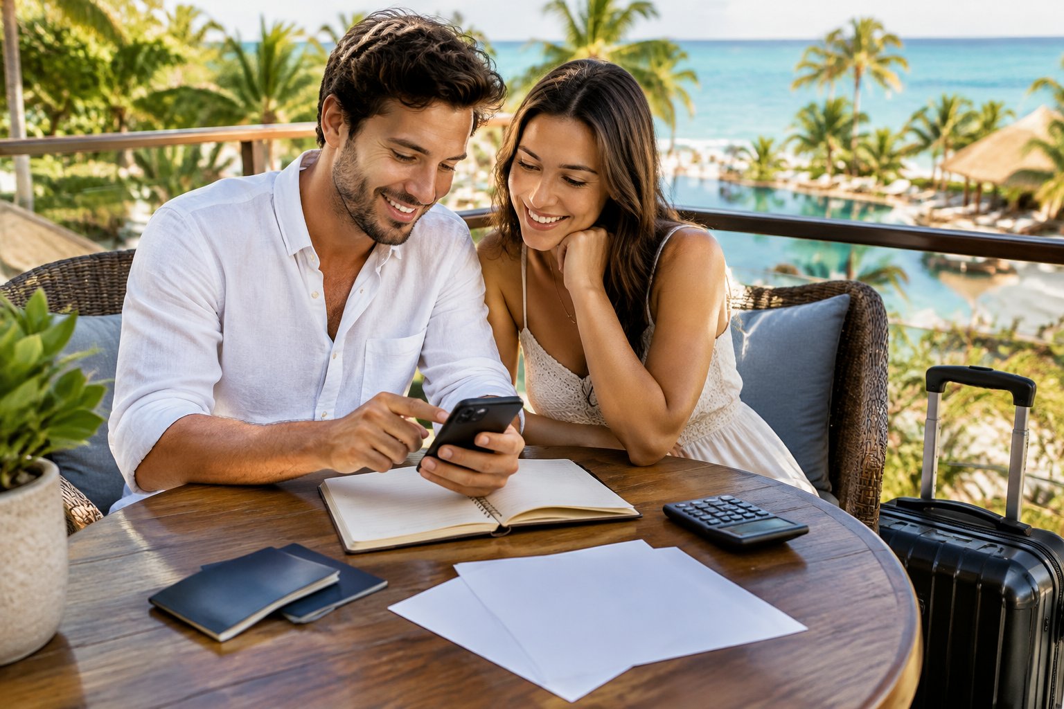 A newlywed couple plans a tropical resort getaway at a terrace table.