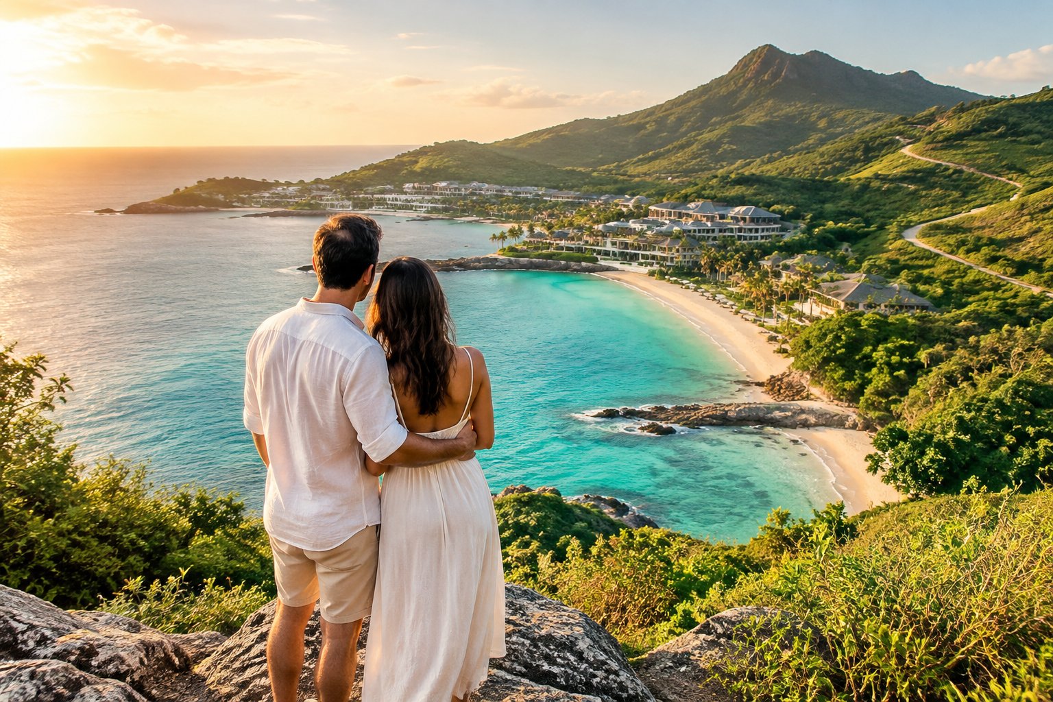 A newlywed couple looks out over a tropical beach and green hills.