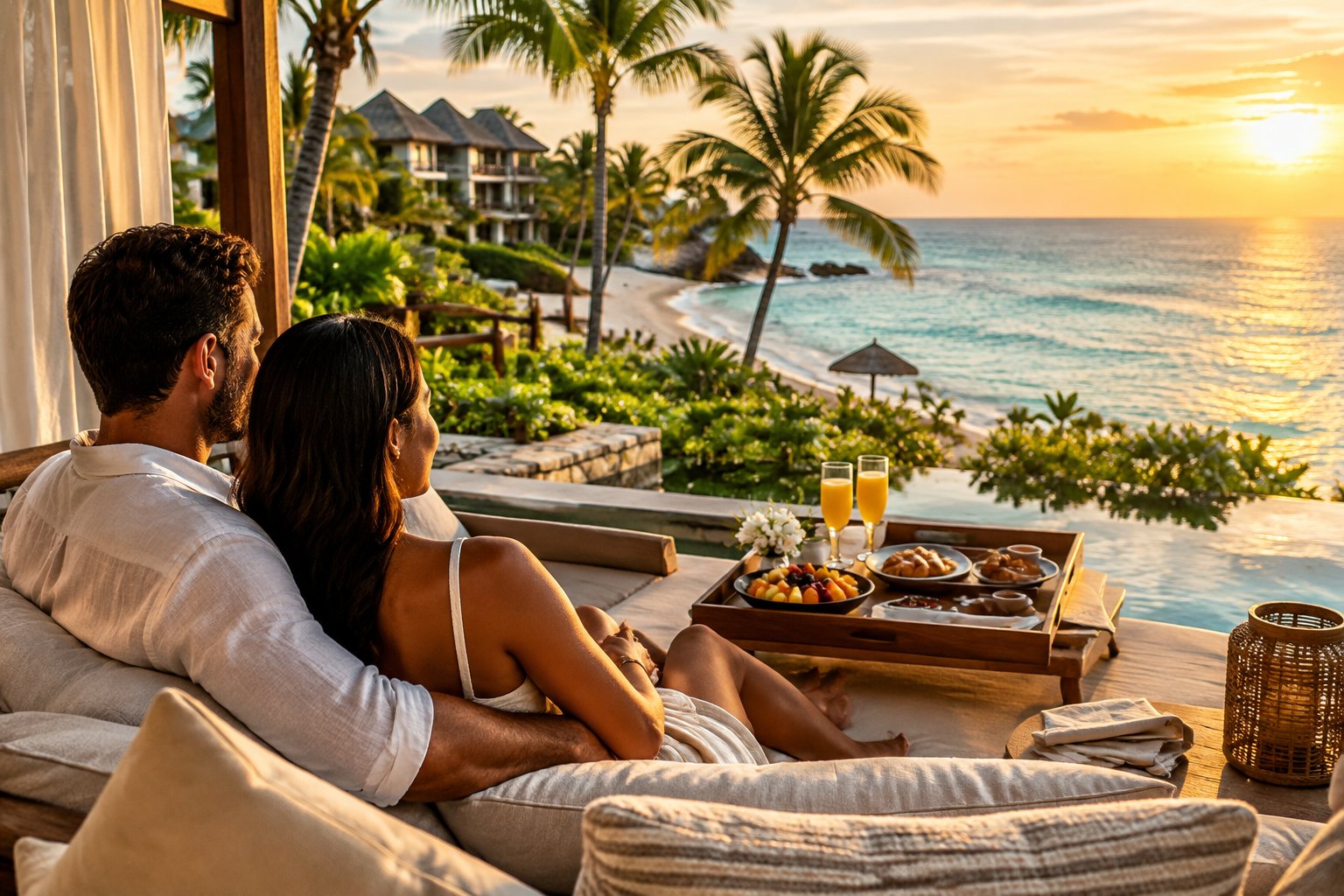 A couple relaxes together on a tropical resort terrace overlooking the ocean.
