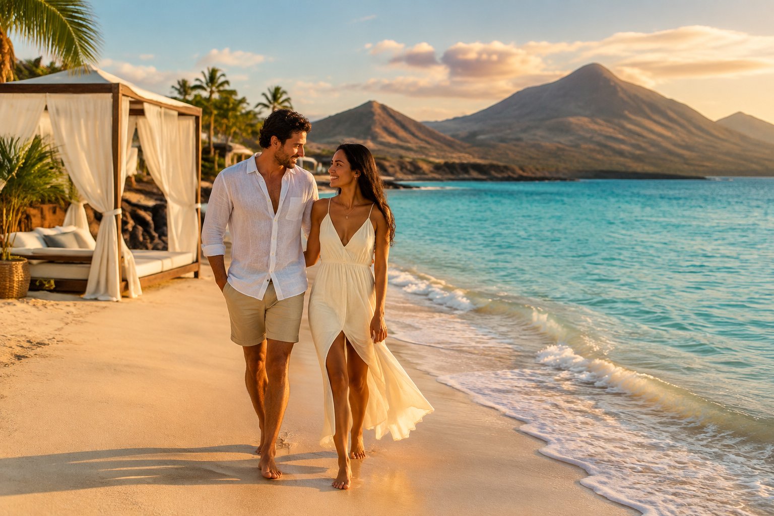A couple walks along a quiet Cape Verde beach near a resort.