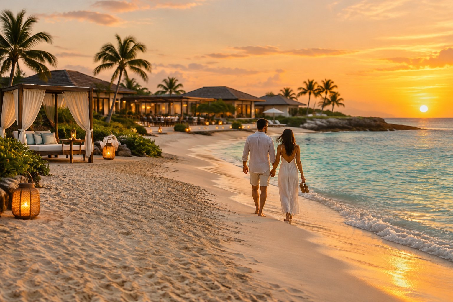 A couple walks along a beach beside a Cape Verde resort.