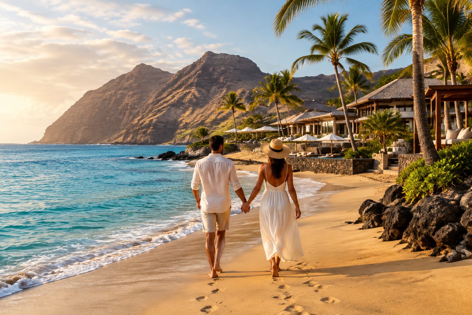 A couple walks hand in hand along a beach beside an oceanfront resort in Cape Verde.