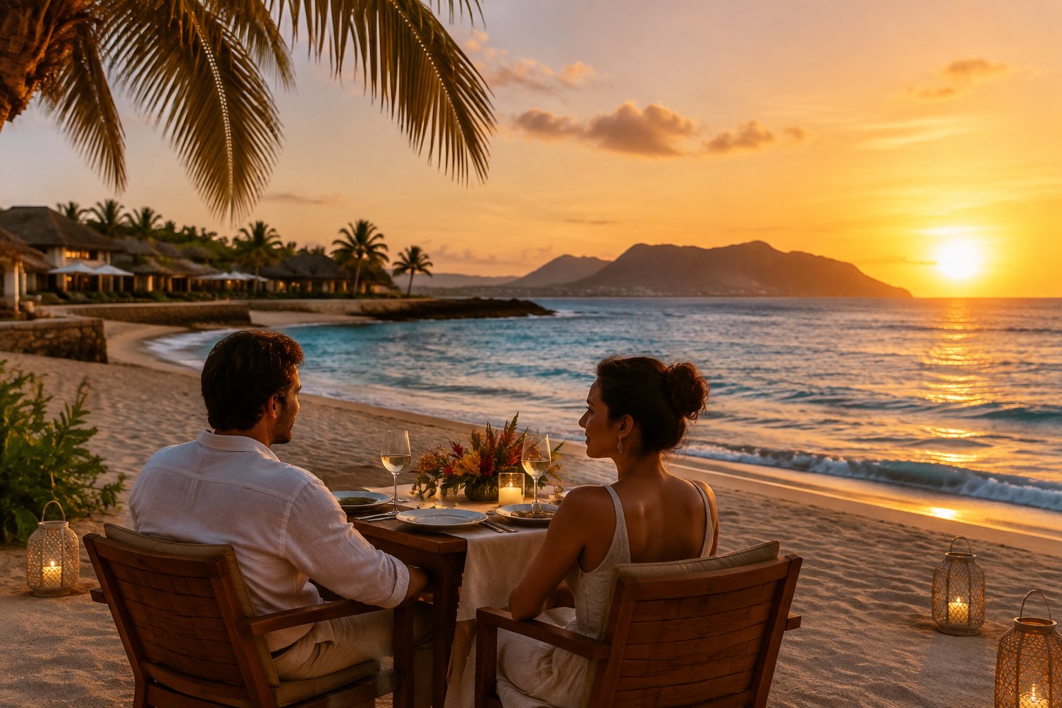 A couple shares a candlelit dinner on a beach beside a resort at sunset.