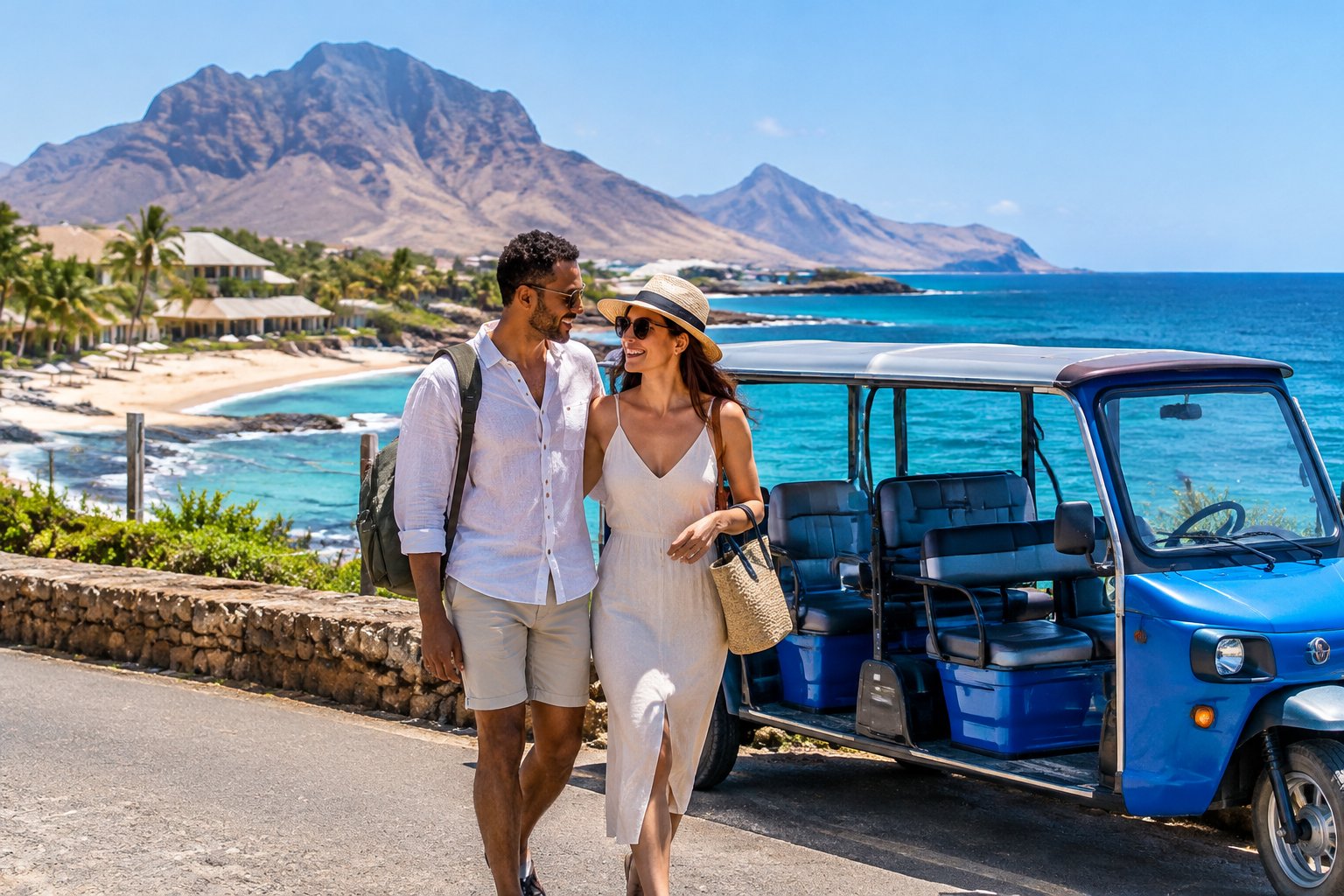A couple stands beside a small shuttle on a sunny Cape Verde coast.