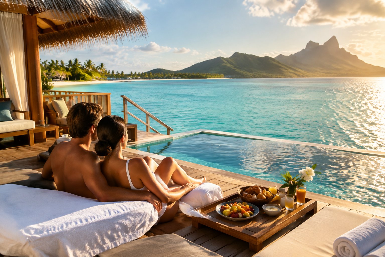 A newlywed couple relaxes on an overwater bungalow deck beside a tropical lagoon.