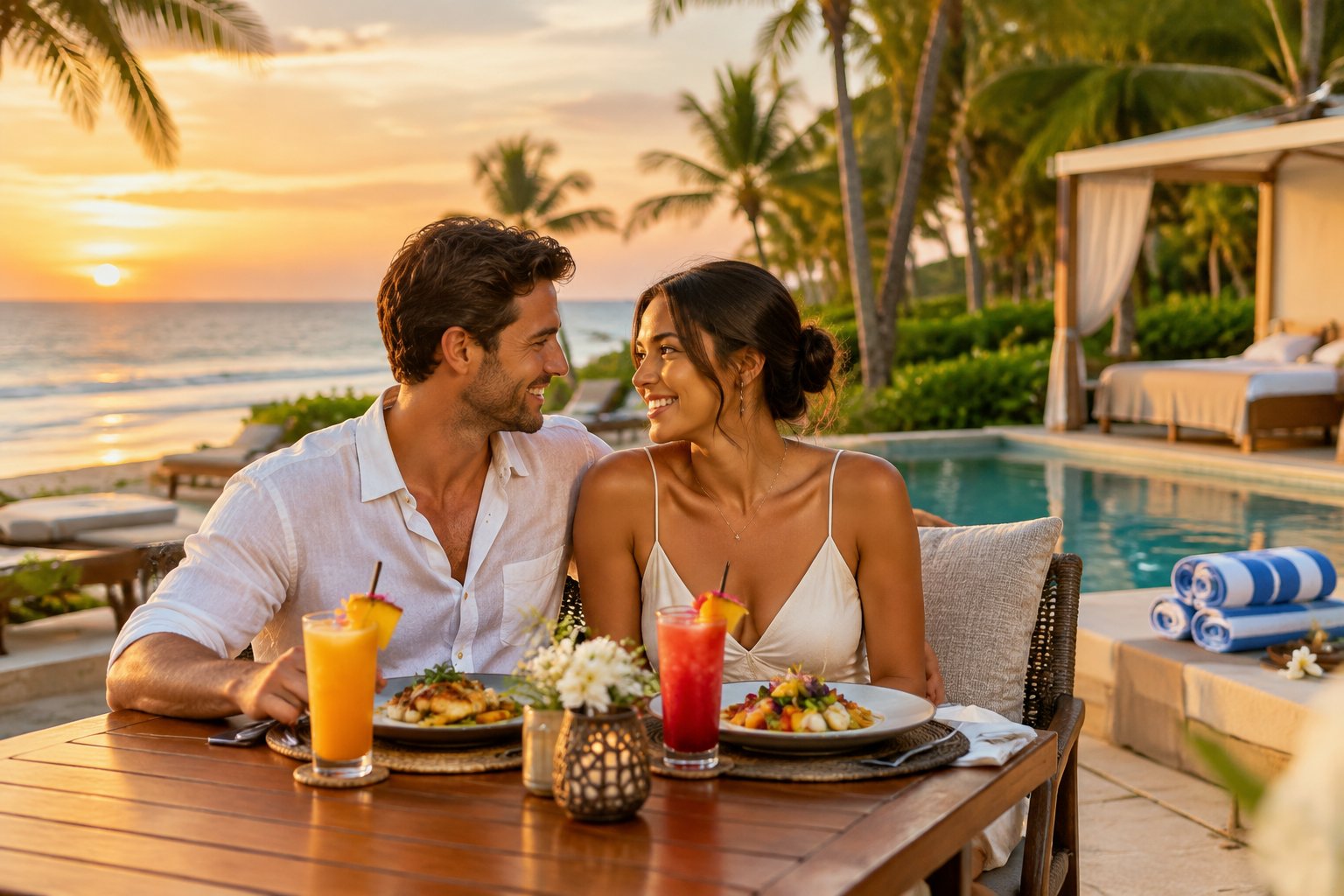 A newlywed couple shares a meal at a tropical resort beside the ocean.