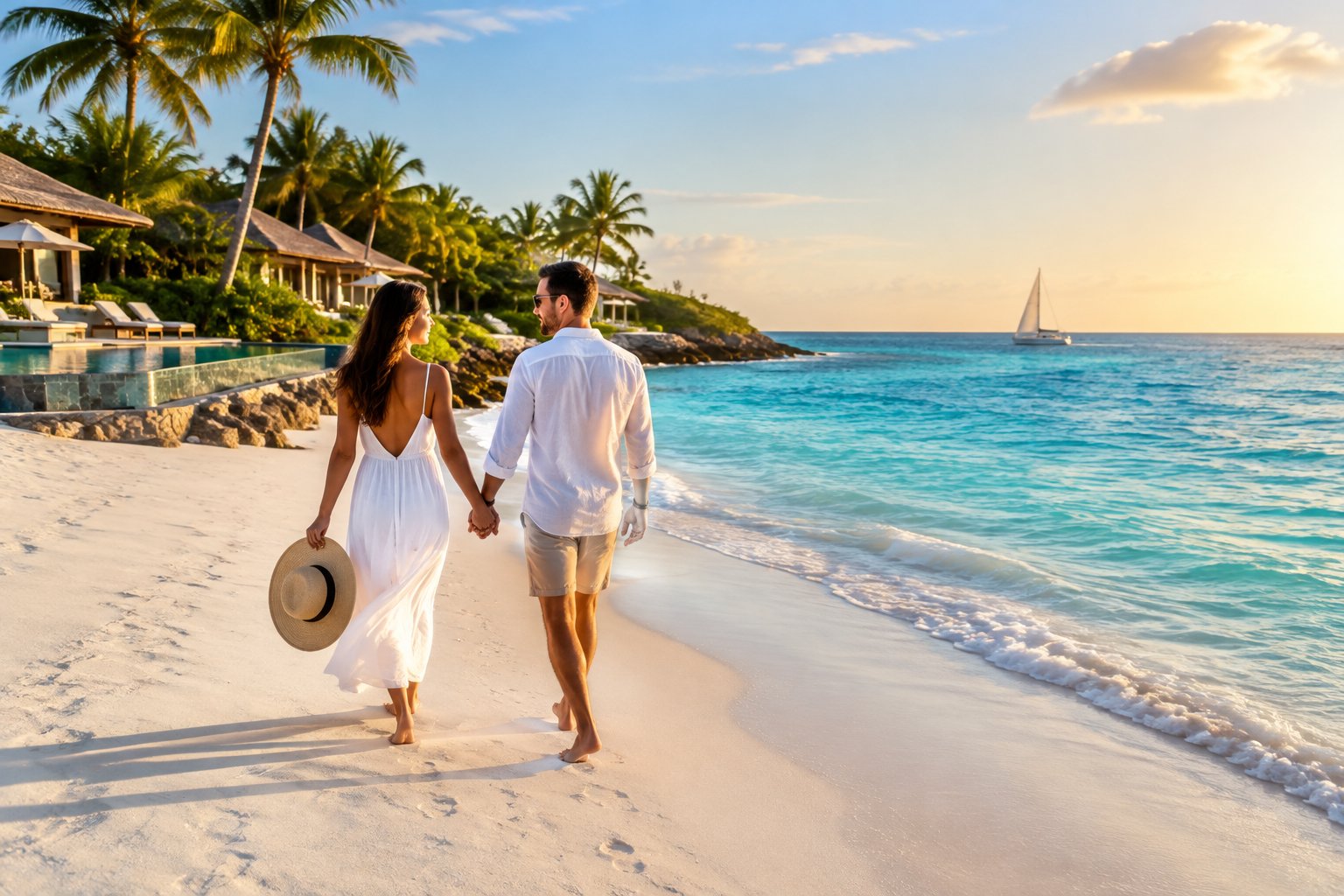 A couple walks hand in hand along a tropical beach near a resort.