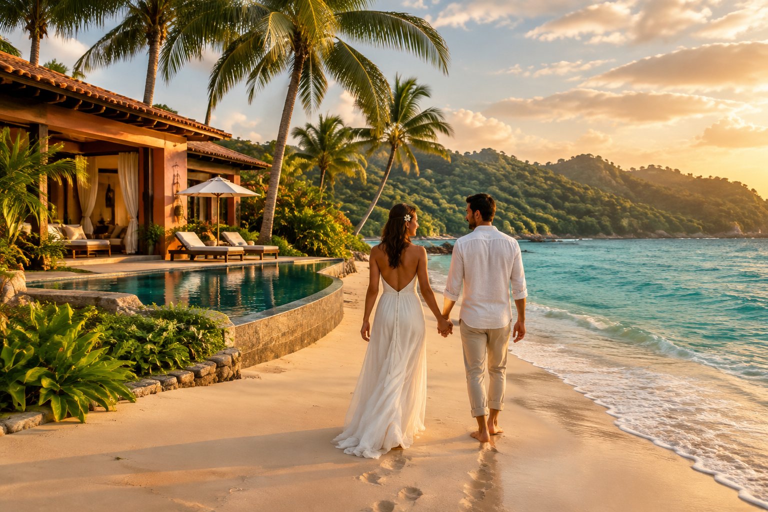 A newlywed couple walks along a tropical beach beside a luxury resort.