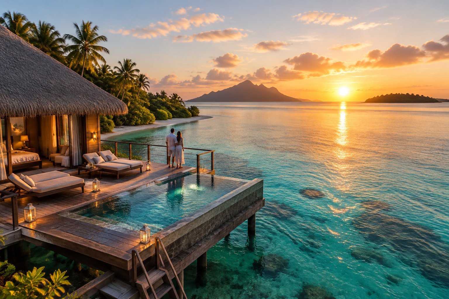 A couple watches the sunset from a private villa deck above a tropical lagoon.