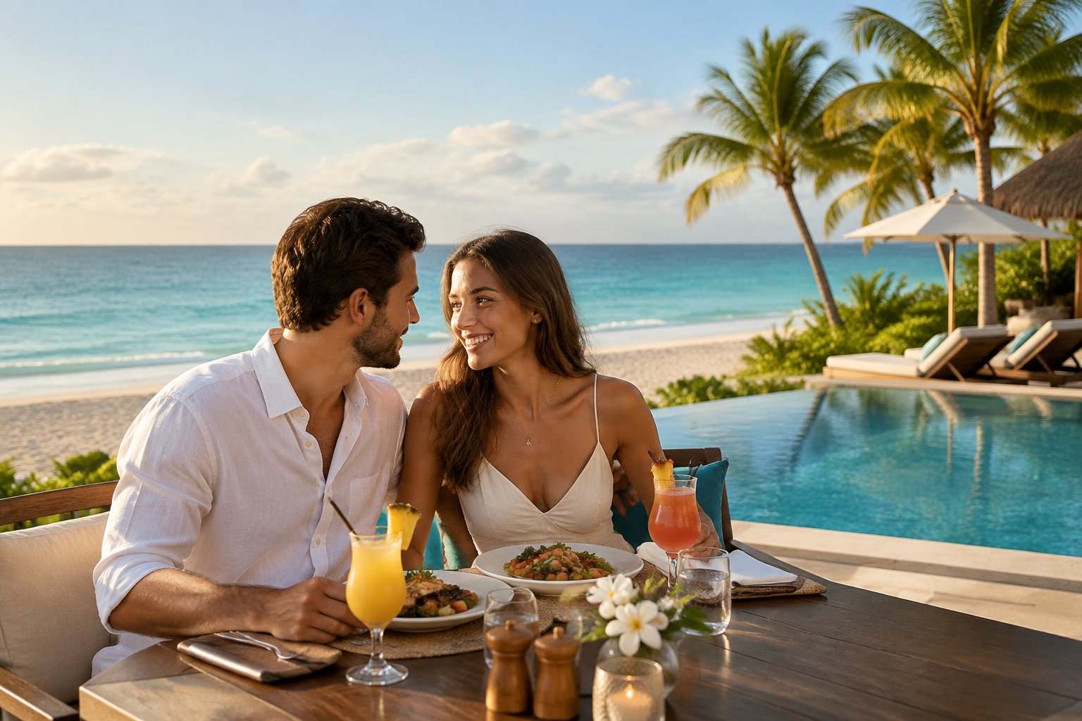 A newlywed couple shares a meal on a terrace overlooking a tropical beach.