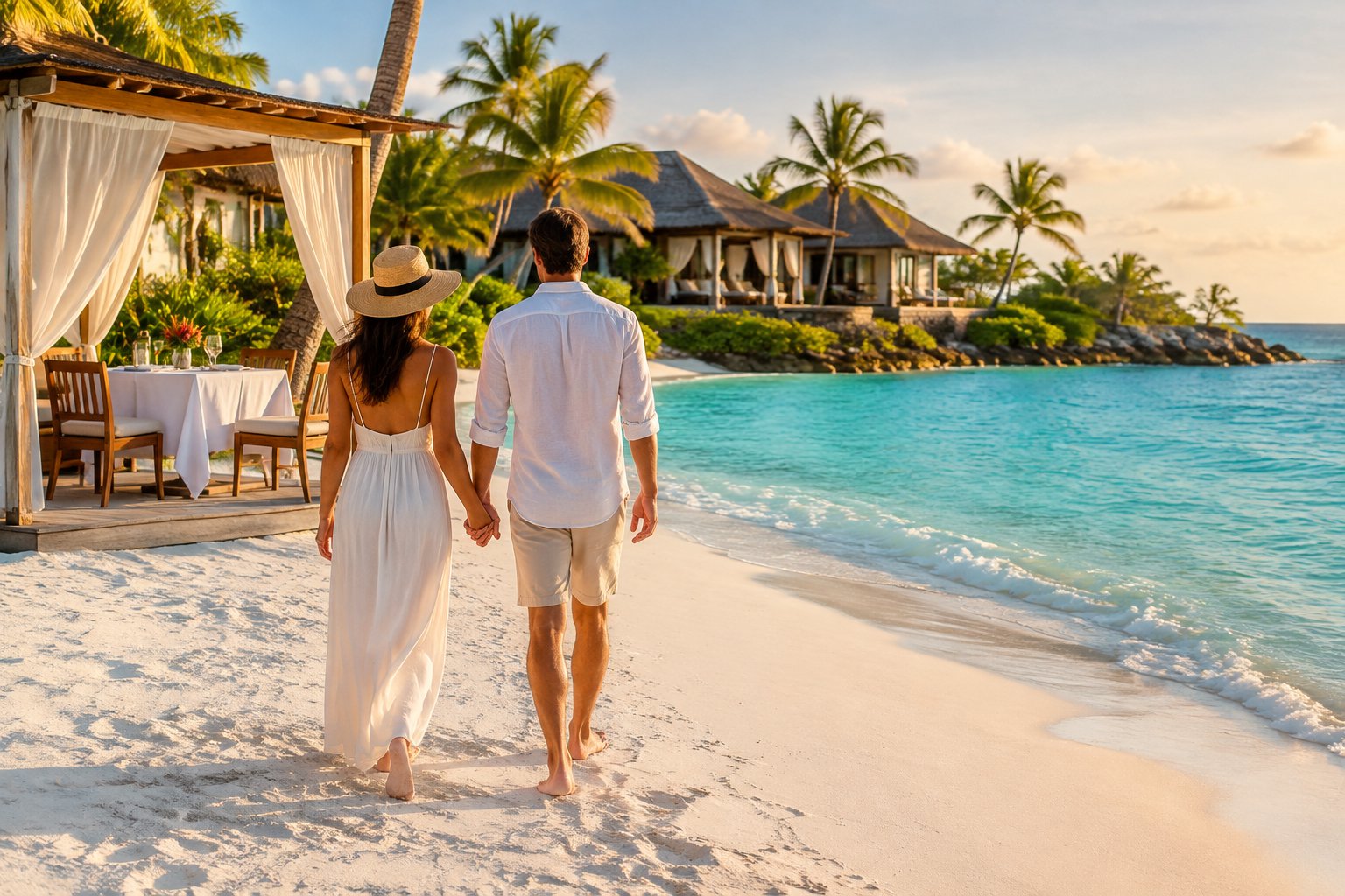 A couple walks hand in hand along a tropical beach toward a resort.