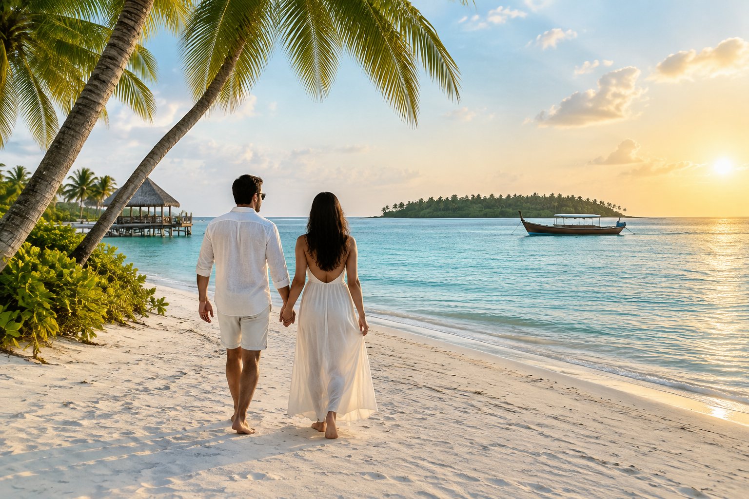 A couple walks hand in hand along a white-sand beach beside a turquoise lagoon.
