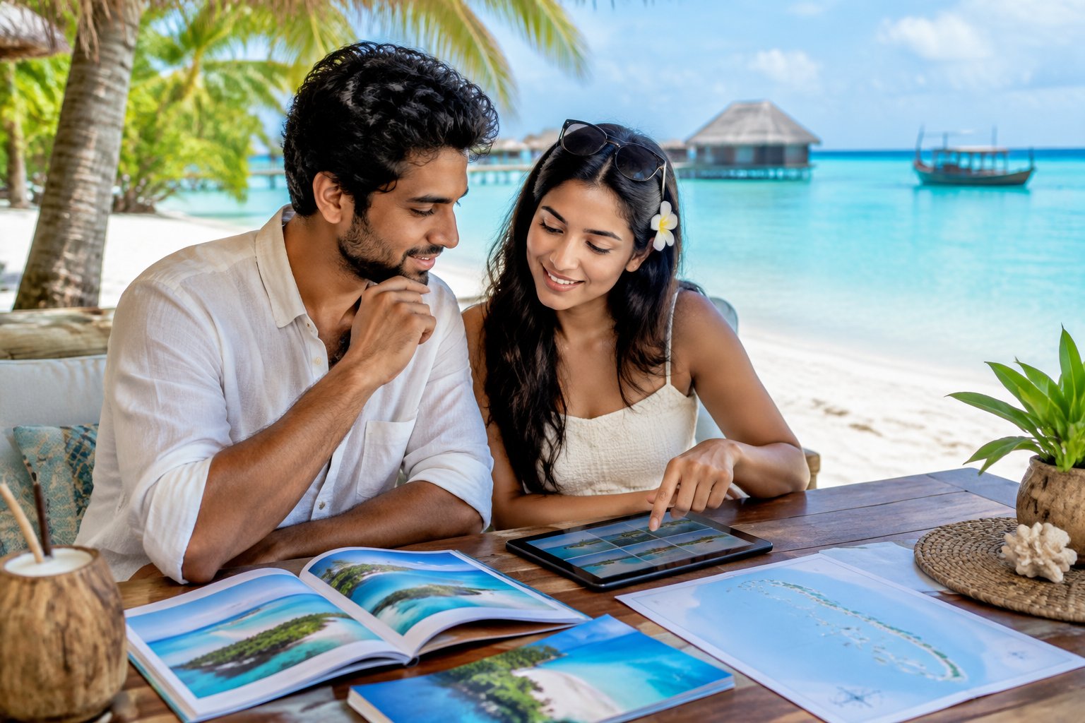 A couple compares travel options at a table beside a tropical lagoon.