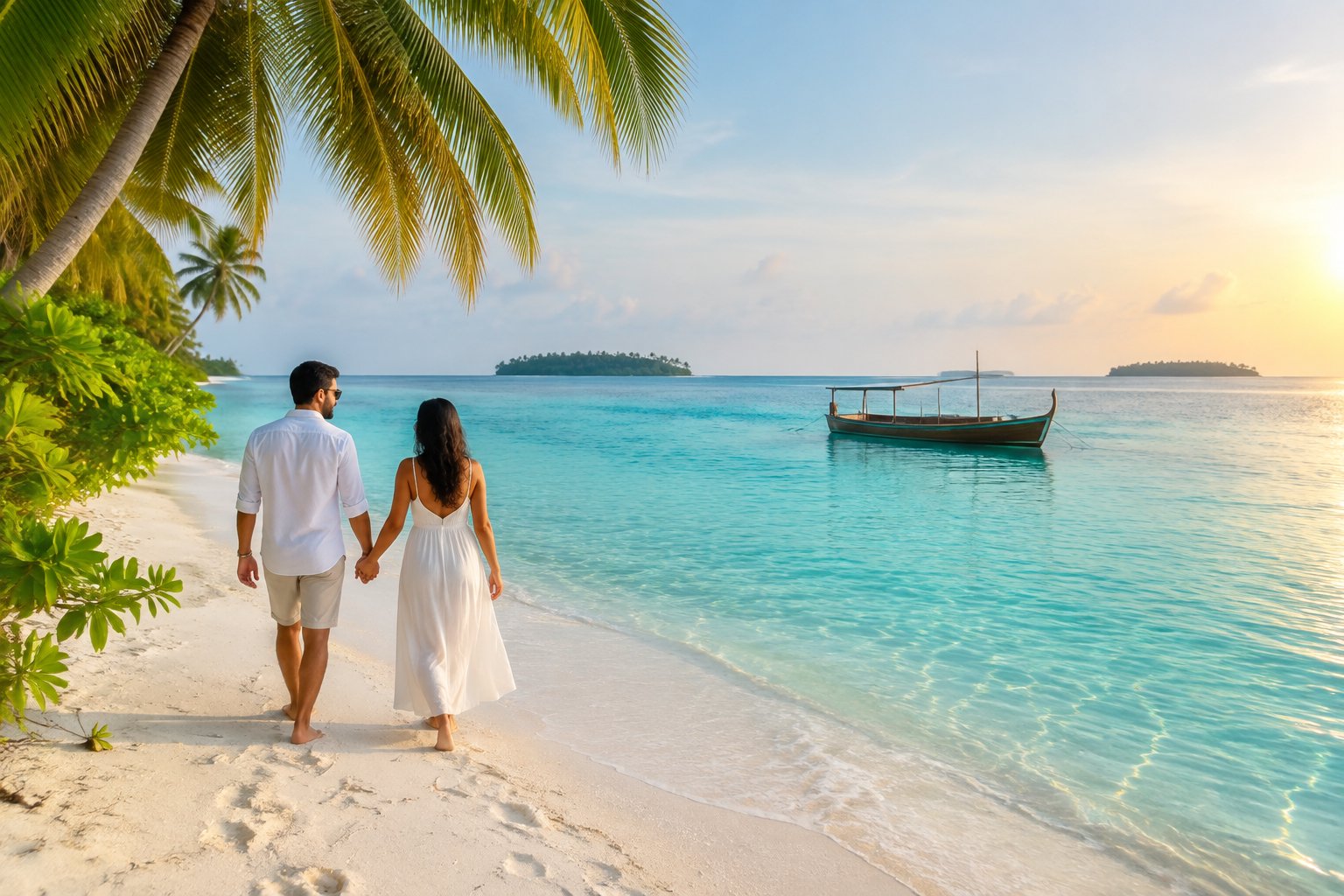 A couple walks hand in hand along a tropical beach beside a turquoise lagoon.