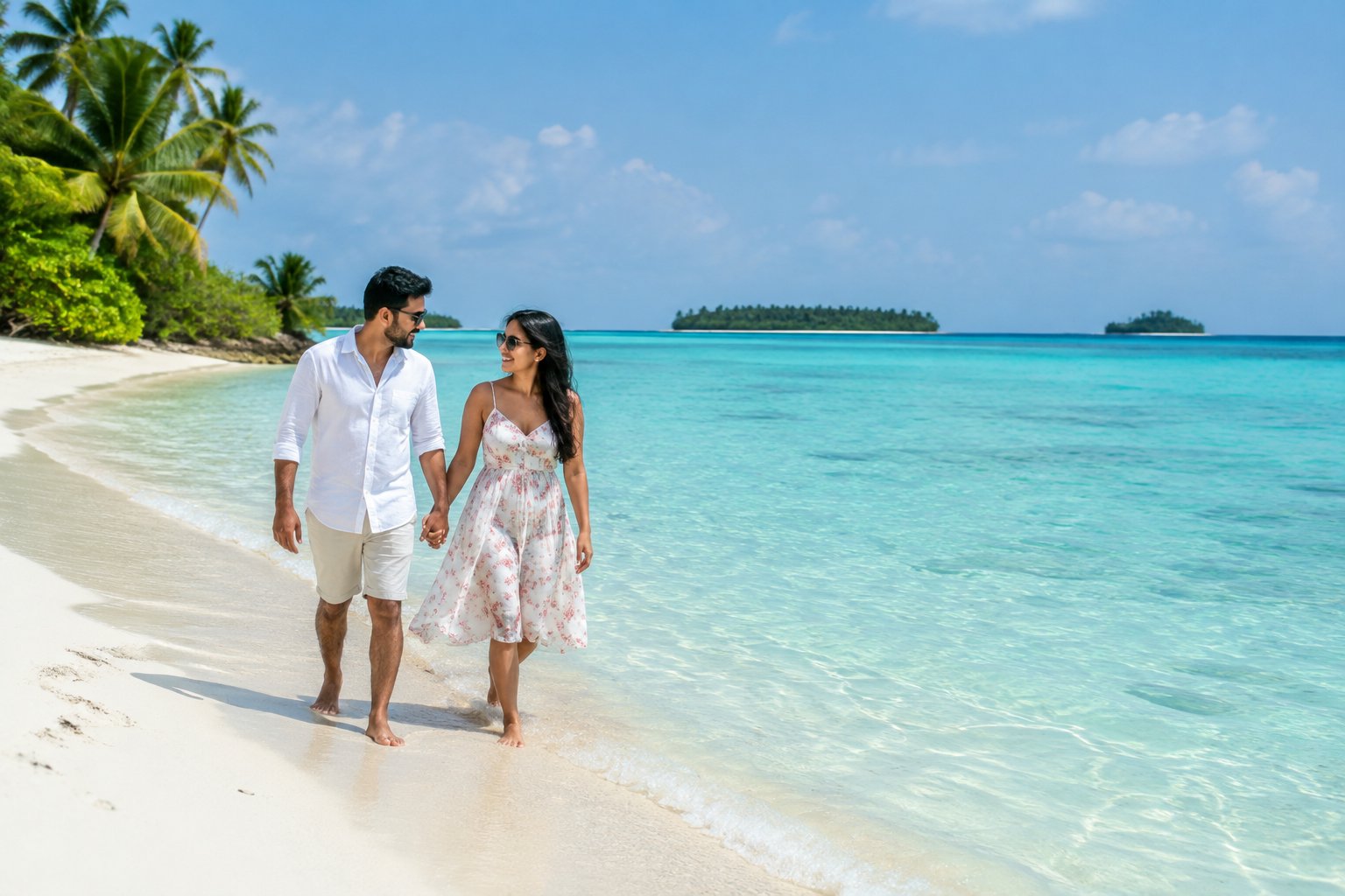 A couple walks hand in hand along a clear turquoise lagoon in Lakshadweep.