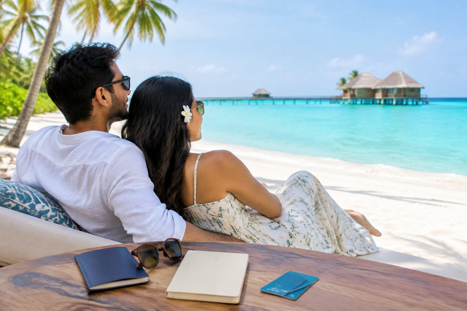 A couple relaxes on a sandy Lakshadweep beach beside turquoise water.