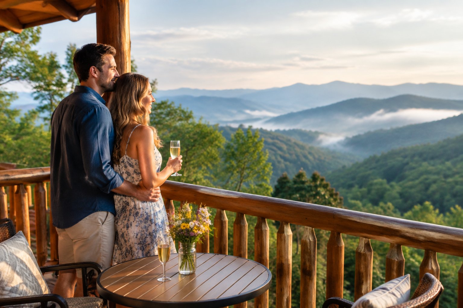 A newlywed couple shares a quiet moment on a cabin balcony overlooking the Smoky Mountains.