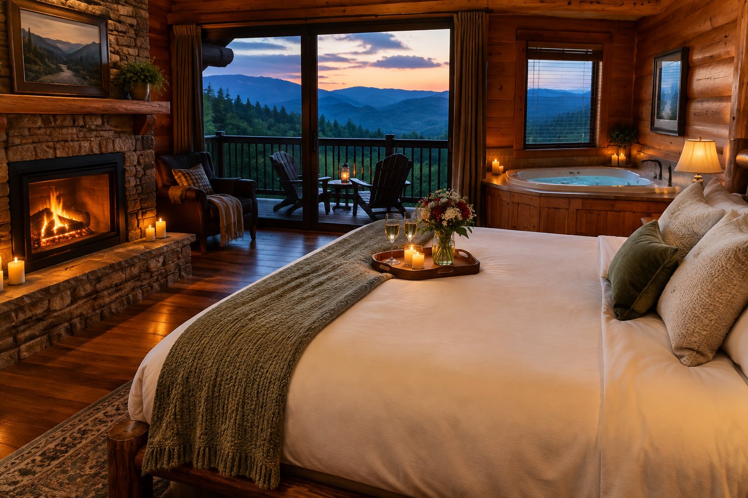 A cozy cabin bedroom with a glowing fireplace, romantic touches, and a view of the Smoky Mountains.