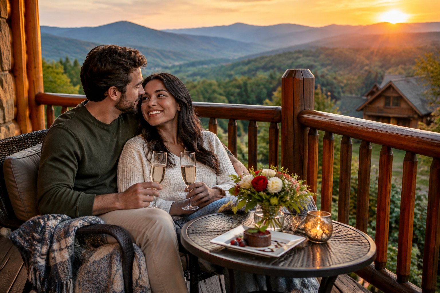 A newlywed couple shares a romantic moment on a mountain lodge balcony.