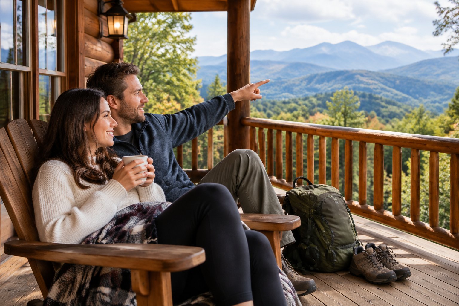 A newlywed couple relaxes on a mountain cabin porch while looking toward the surrounding forest.