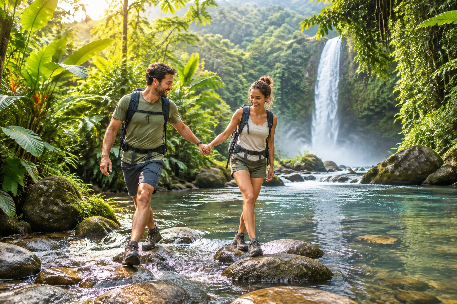 A newlywed couple crosses a shallow river together in a lush Costa Rican rainforest.