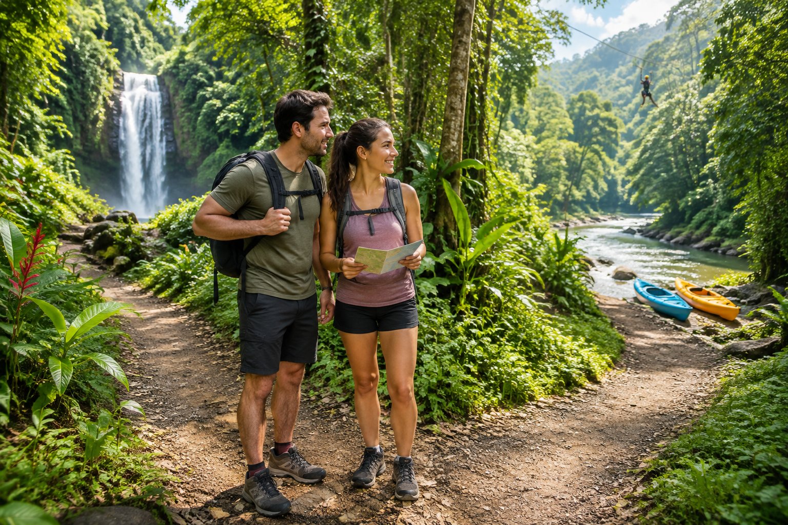 A newlywed couple considers adventure options on a rainforest trail in Costa Rica.