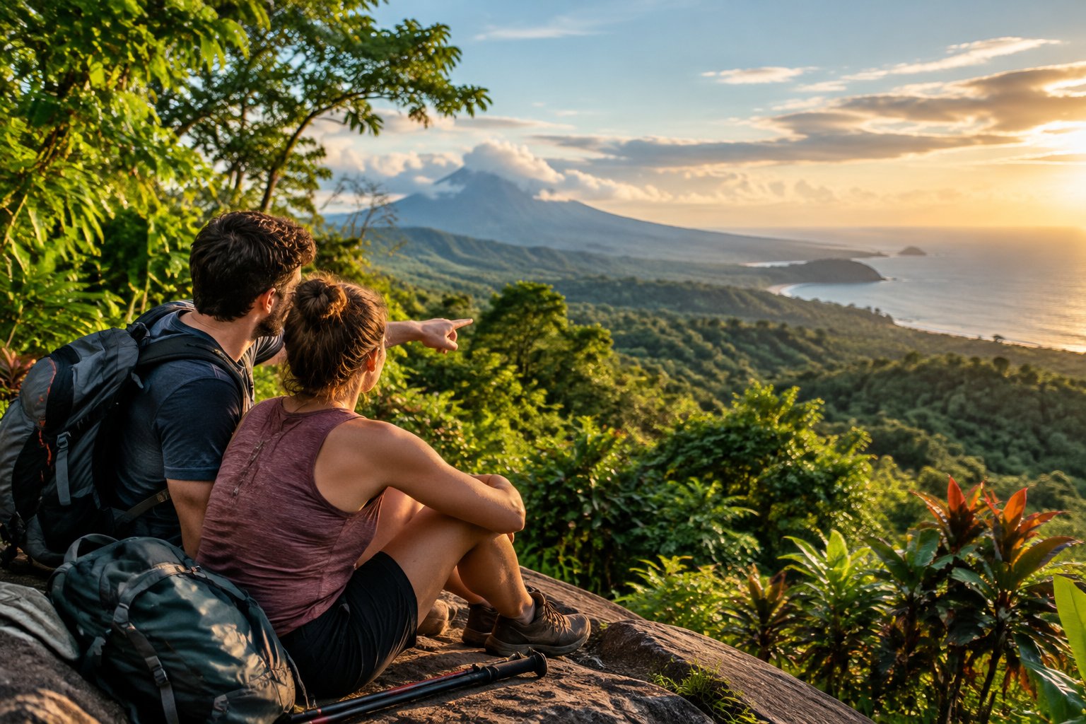 A couple admires a Costa Rican rainforest, volcano, and coastline from a scenic overlook.