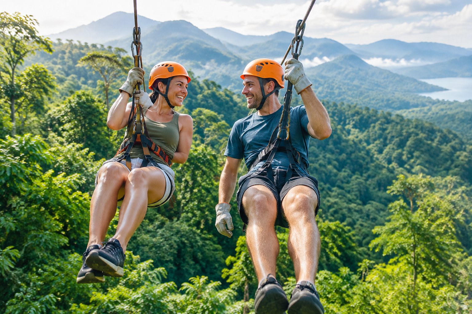 A couple ziplining above a lush Costa Rican rainforest.