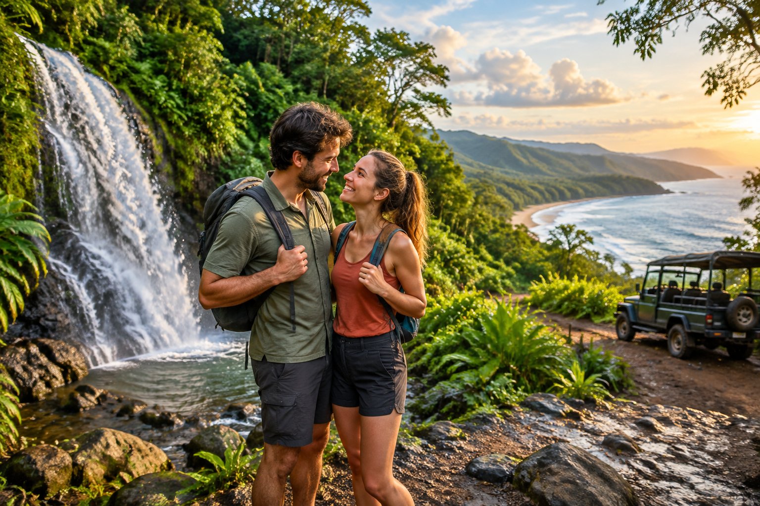 A couple with daypacks stands together beside a waterfall on a Costa Rican rainforest trail.