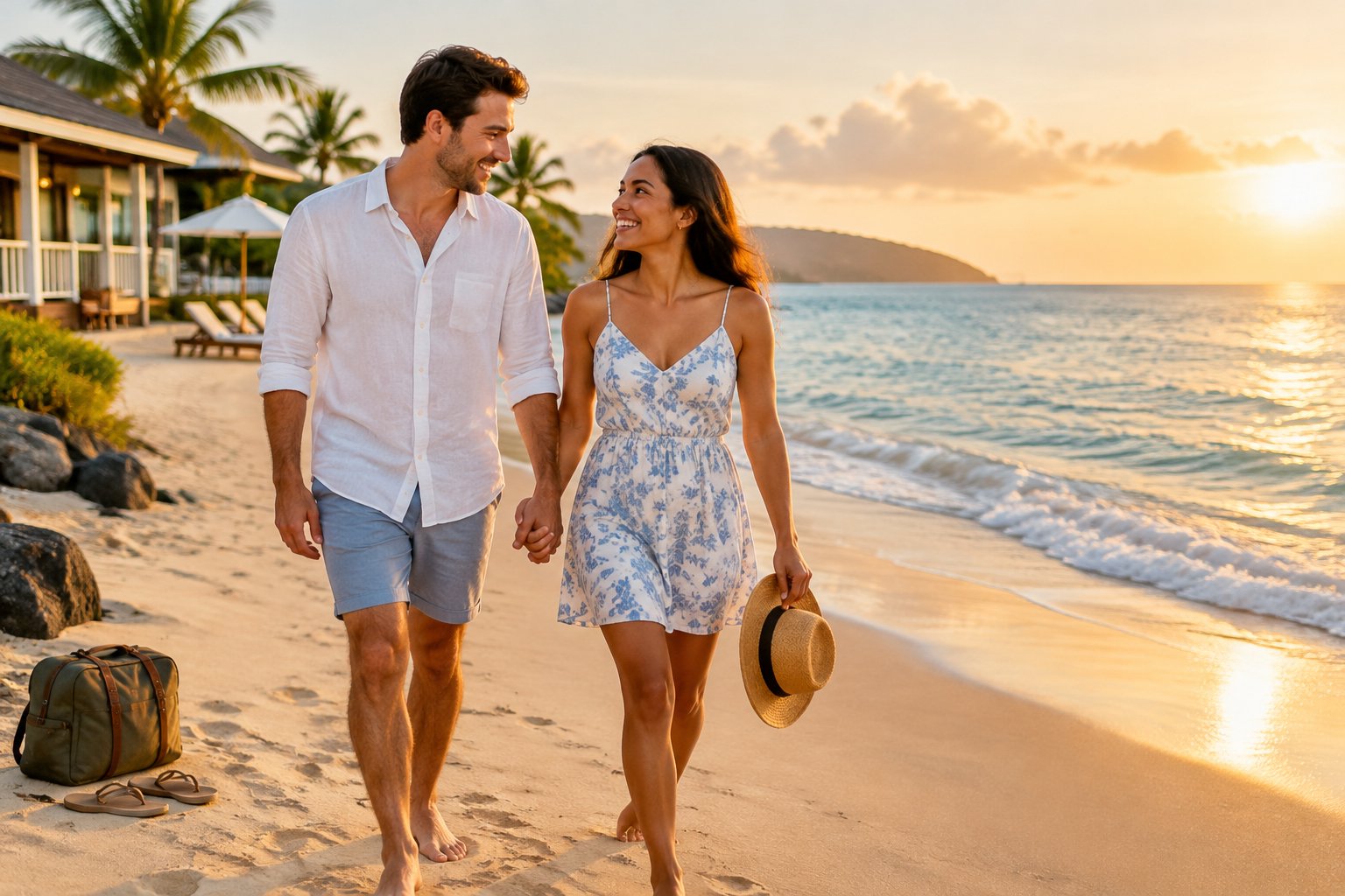 A newlywed couple walks hand in hand along a beach beside a modest hotel.