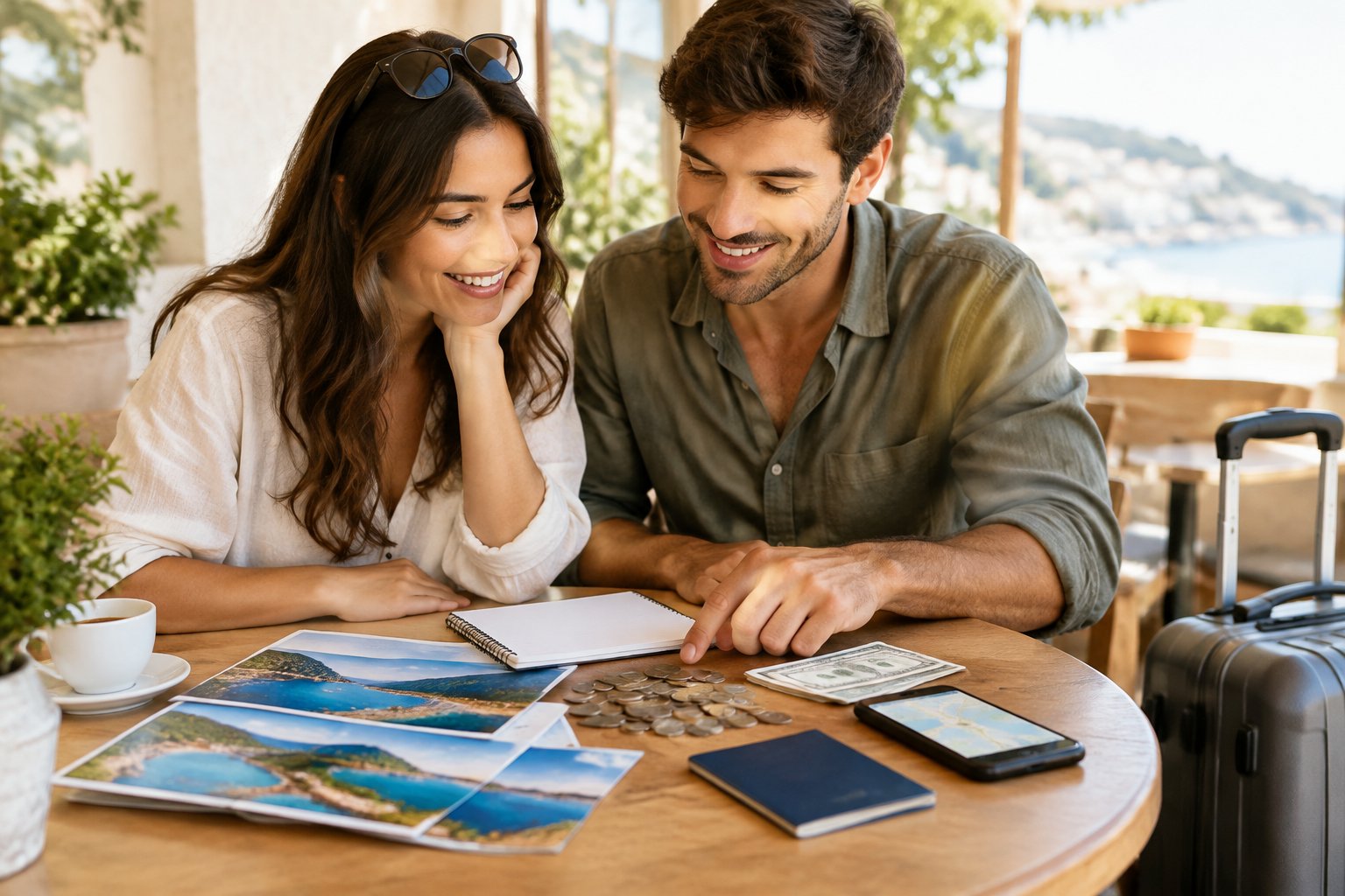 A newlywed couple reviews travel plans and a modest budget at a café table.