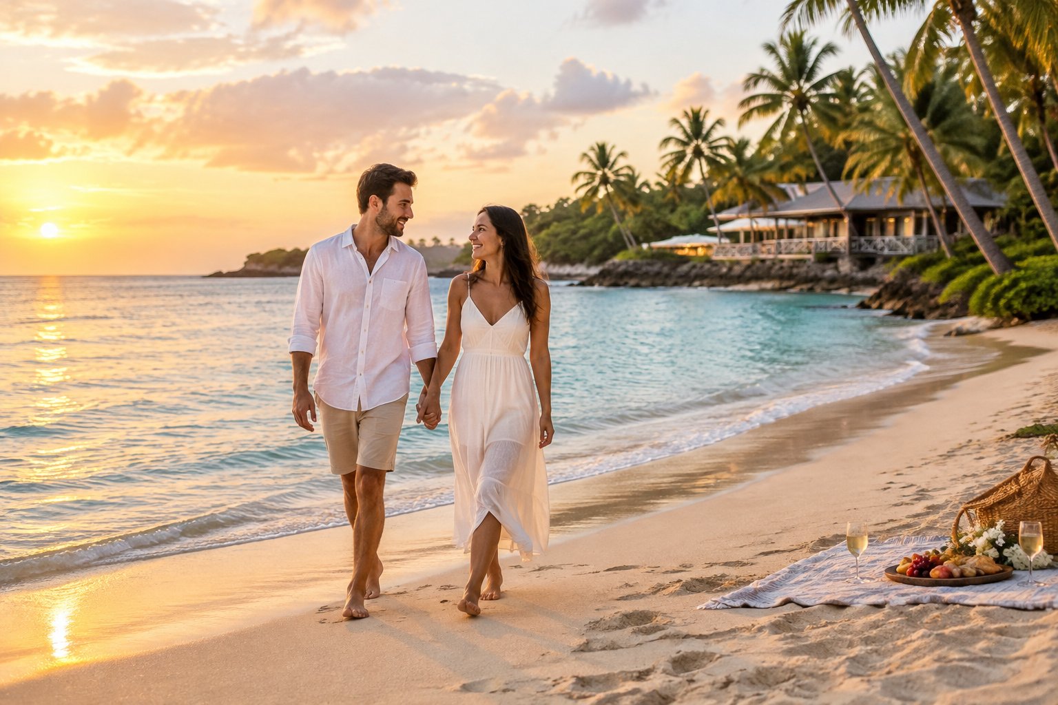A newlywed couple walks along a tropical beach near a modest beachfront guesthouse.
