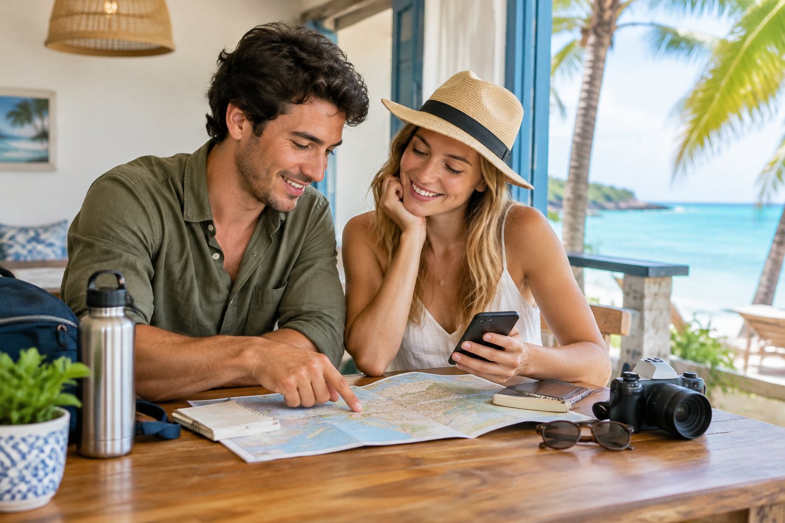 A newlywed couple plans an affordable beach honeymoon at a café.