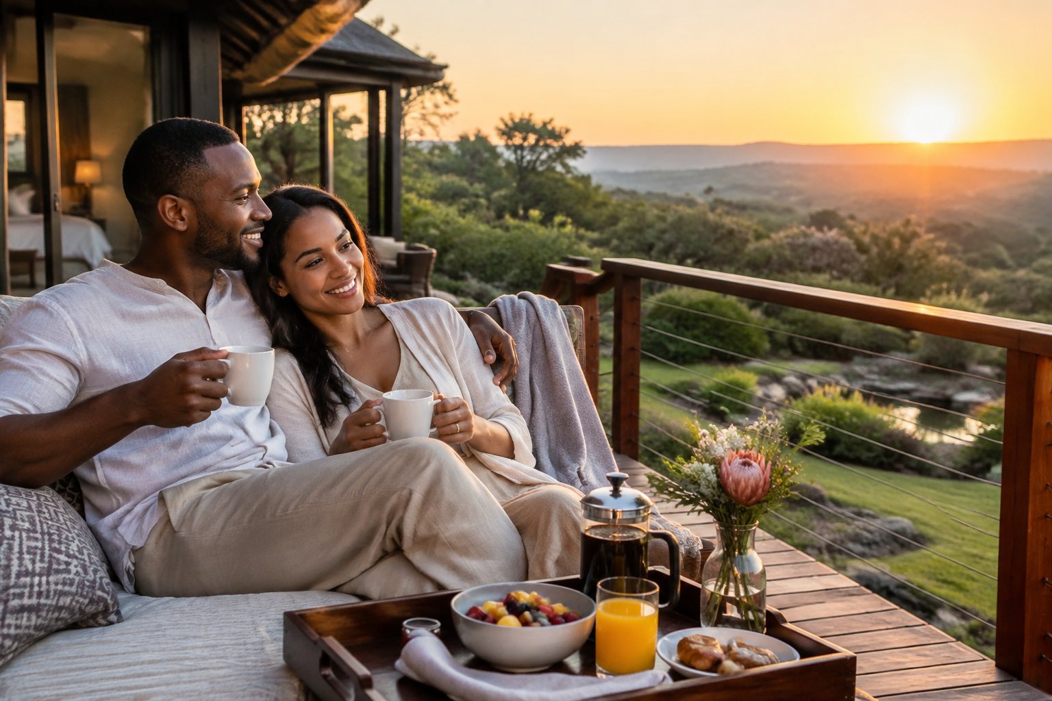 A newlywed couple relaxes together on a lodge deck overlooking a green garden.