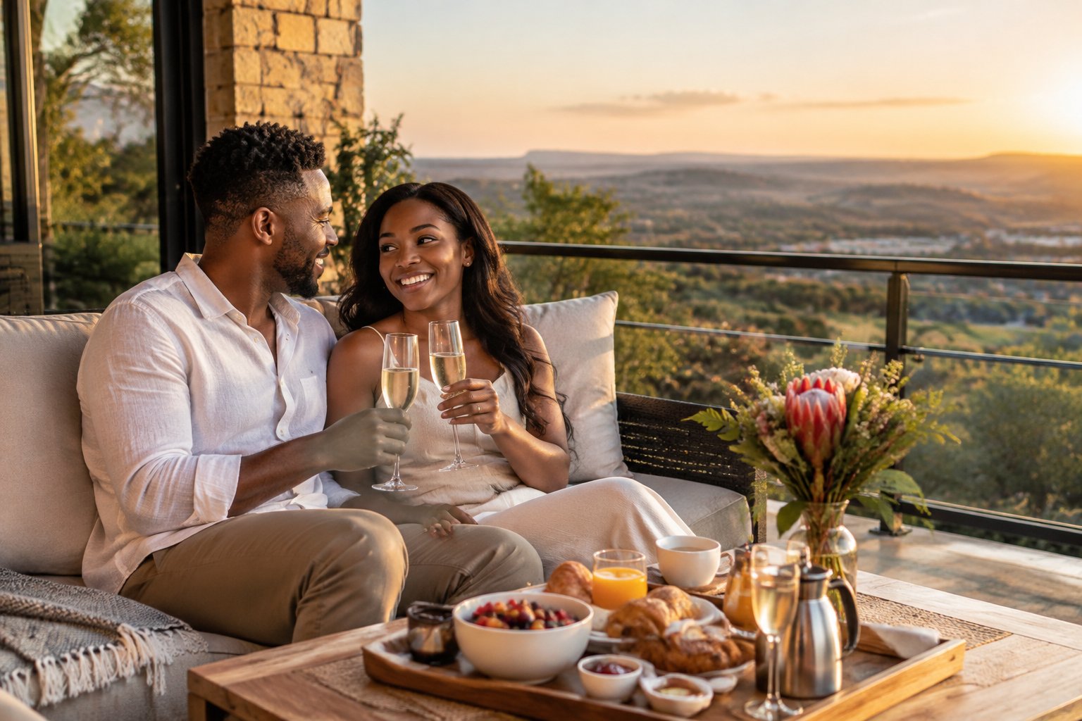 A newlywed couple share a quiet moment on a lodge terrace overlooking the countryside.