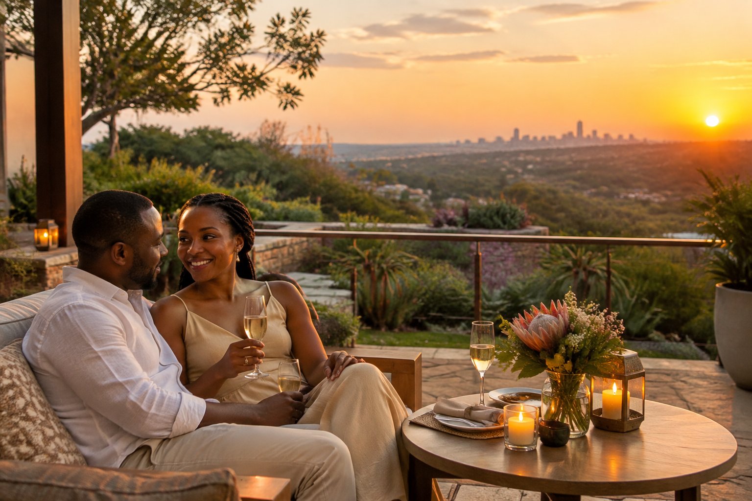 A couple shares a quiet sunset dinner on a romantic lodge terrace.