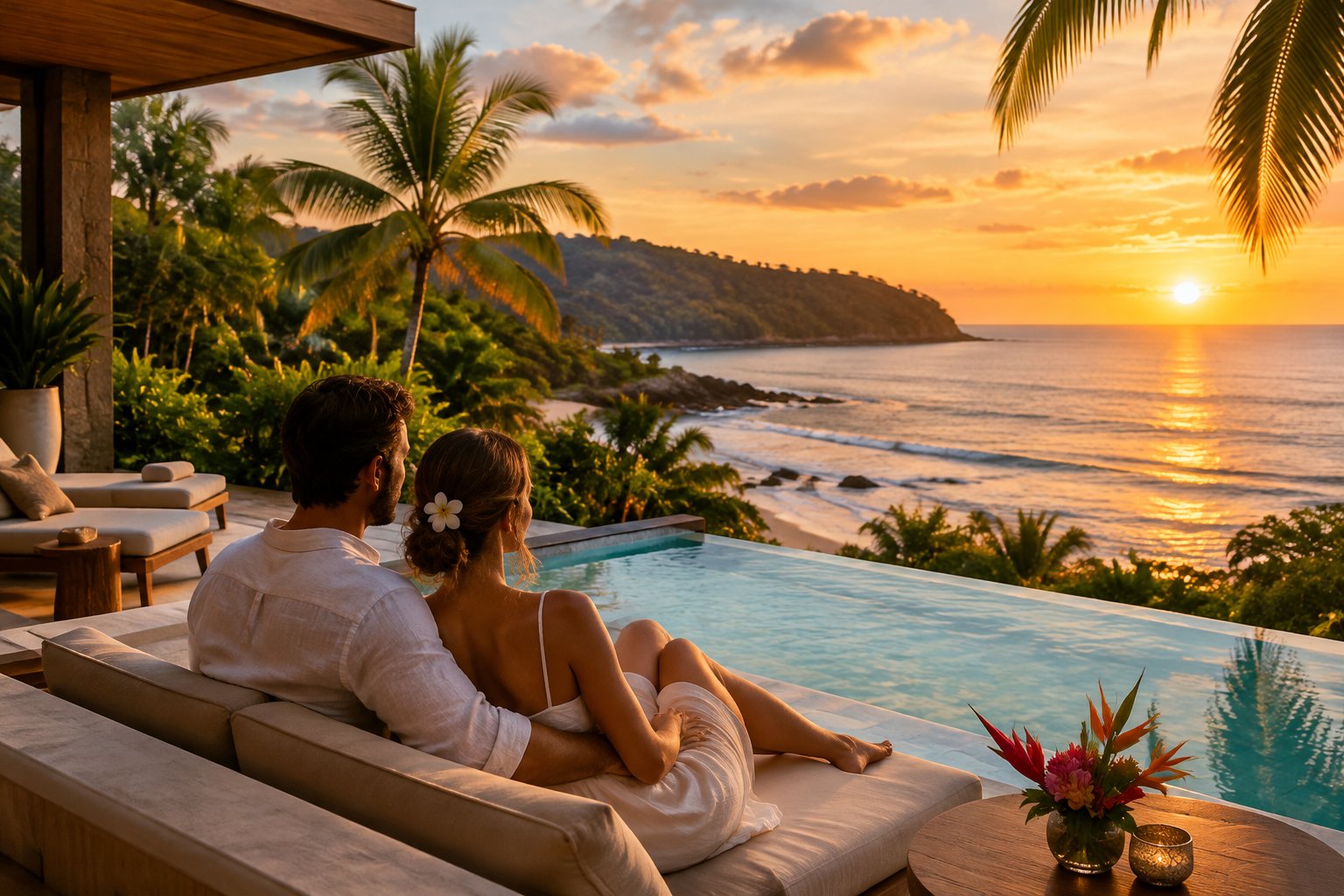A couple stands on a villa terrace overlooking a tropical beach at sunset.