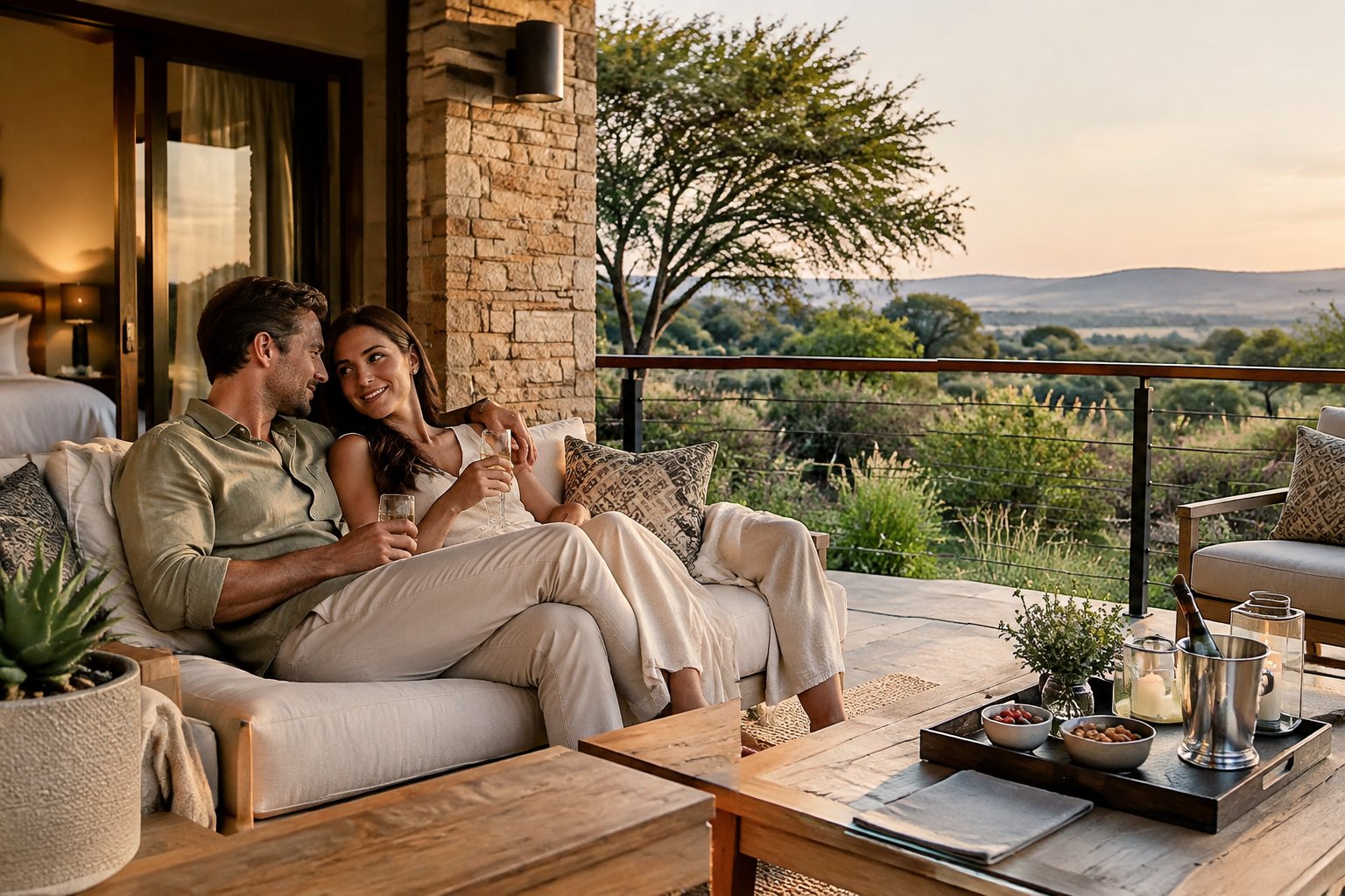 A couple relaxes together on a lodge veranda overlooking a green garden.
