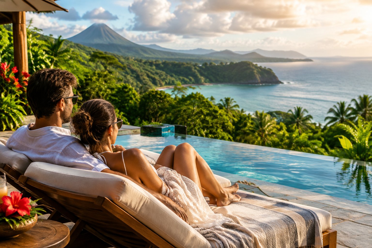 A couple relaxes together on a terrace overlooking the ocean and rainforest.