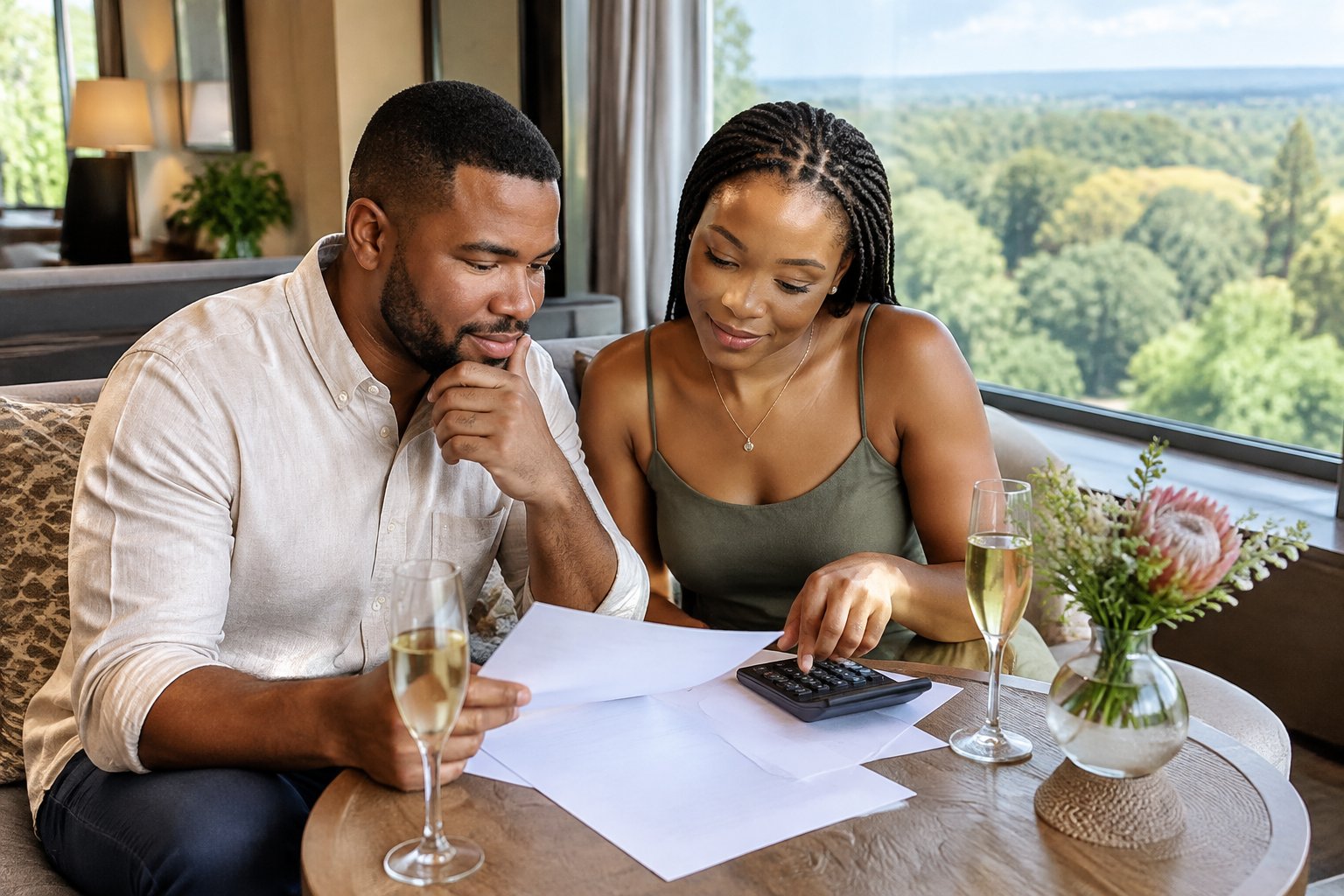 A couple planning their honeymoon stay at a hotel table.