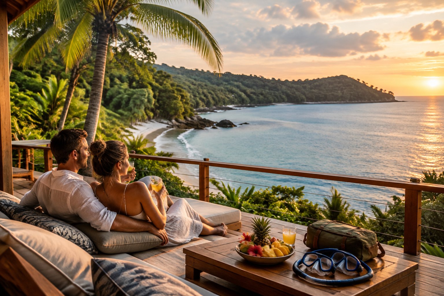 A newlywed couple relaxes together on a tropical beach overlooking the ocean.