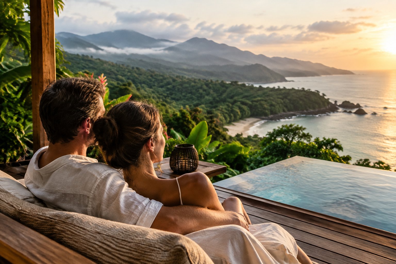 A couple relaxes together on a terrace overlooking Costa Rica’s rainforest and Pacific coastline.