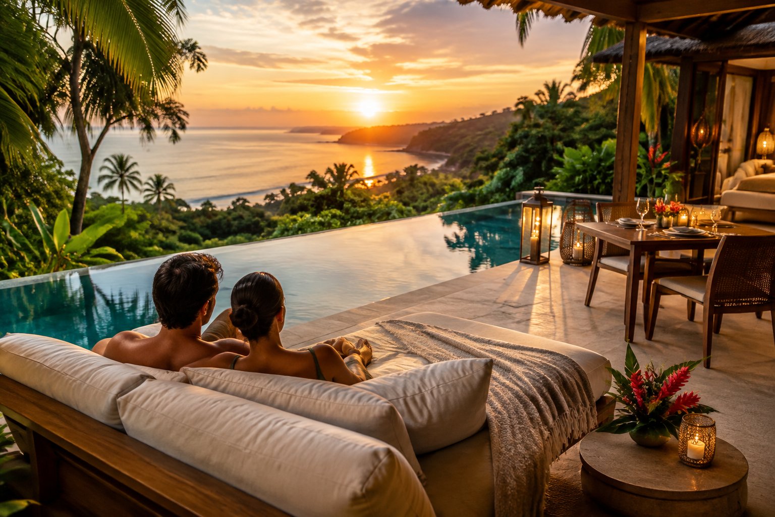 A couple relaxes on a private villa terrace overlooking a tropical coastline.