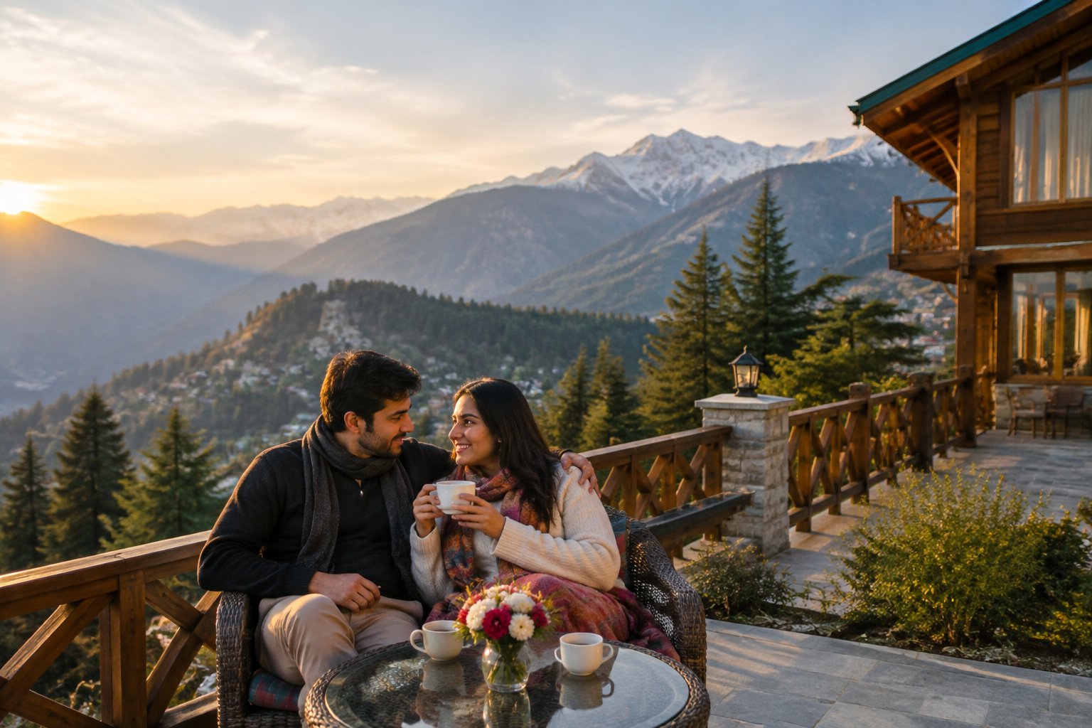 A newlywed couple enjoys a mountain view from a terrace in Himachal Pradesh.
