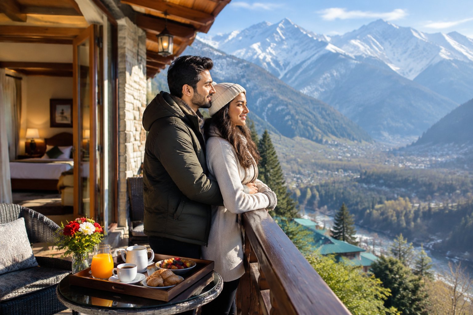 A newlywed couple stands together on a resort balcony overlooking the Himalayan mountains.